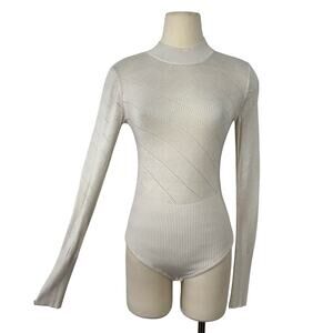 Free People What's The Pointelle Bodysuit in Ivory Sheer Knit w/ Long Sleeves M